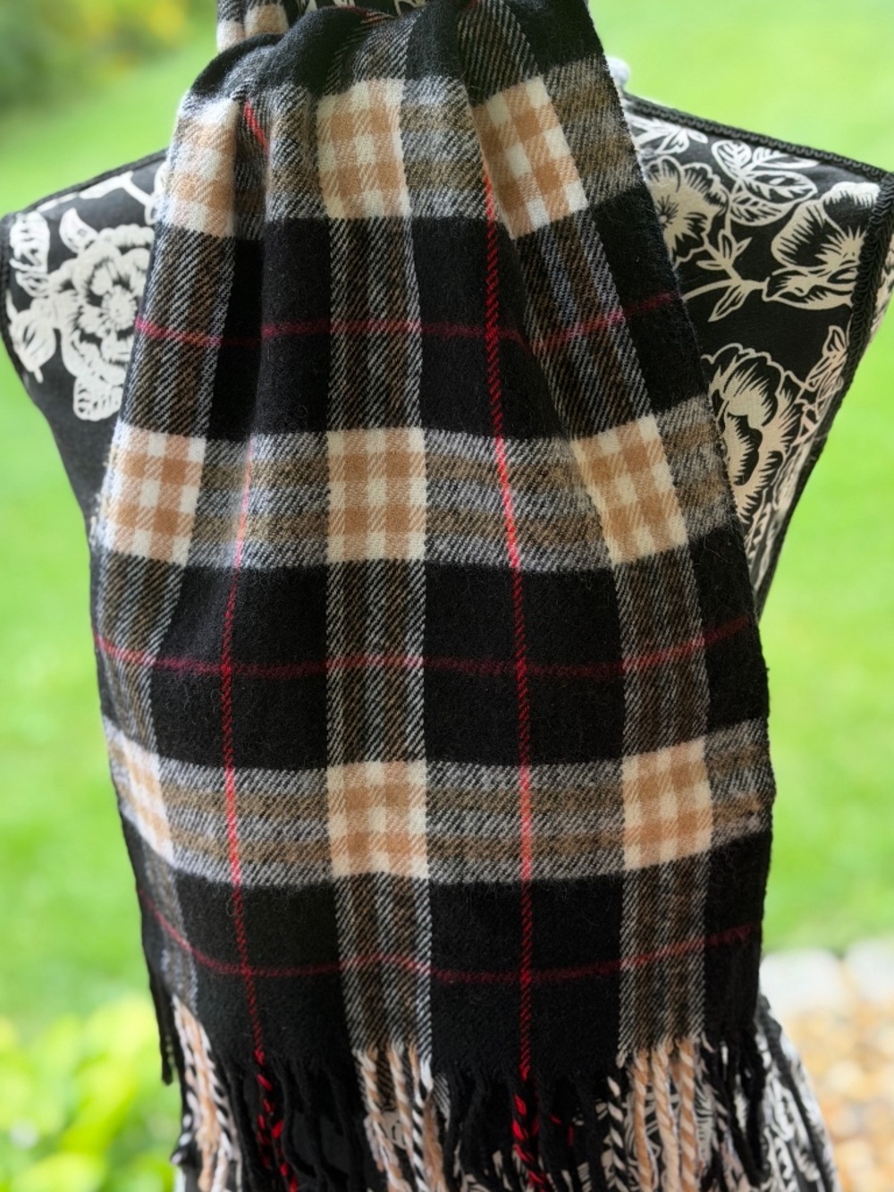 Vintage Royal Rossi 100% Cashmere Scarf Black Gray Plaid Red Fringe 60”